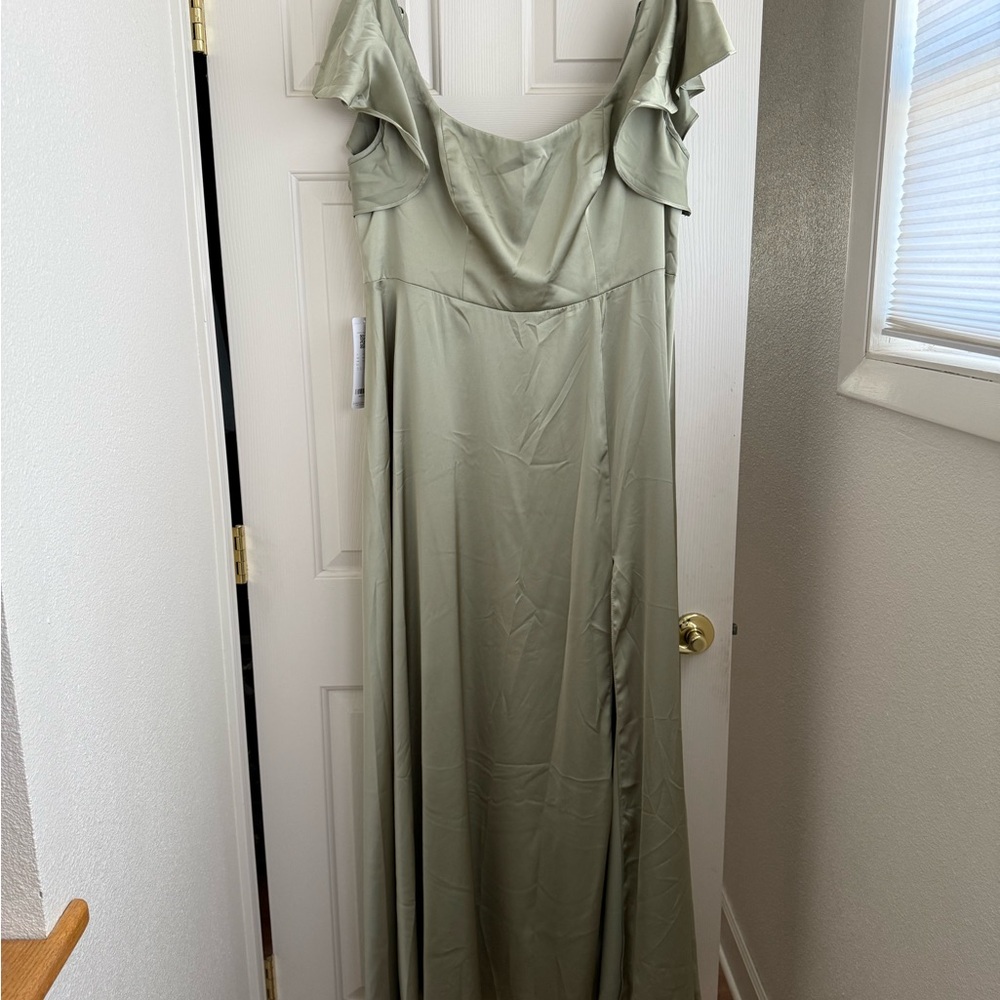 Azazie Sage Pistachio Ruffle Sleeve Stretch Satin Gown with Leg Slit